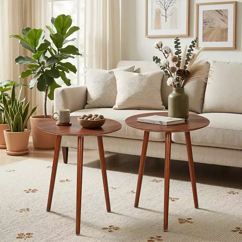 Table d'appoint ronde Mid-Century Modern, table de bout effet grain de bois avec pieds fuselés pour salon, marron