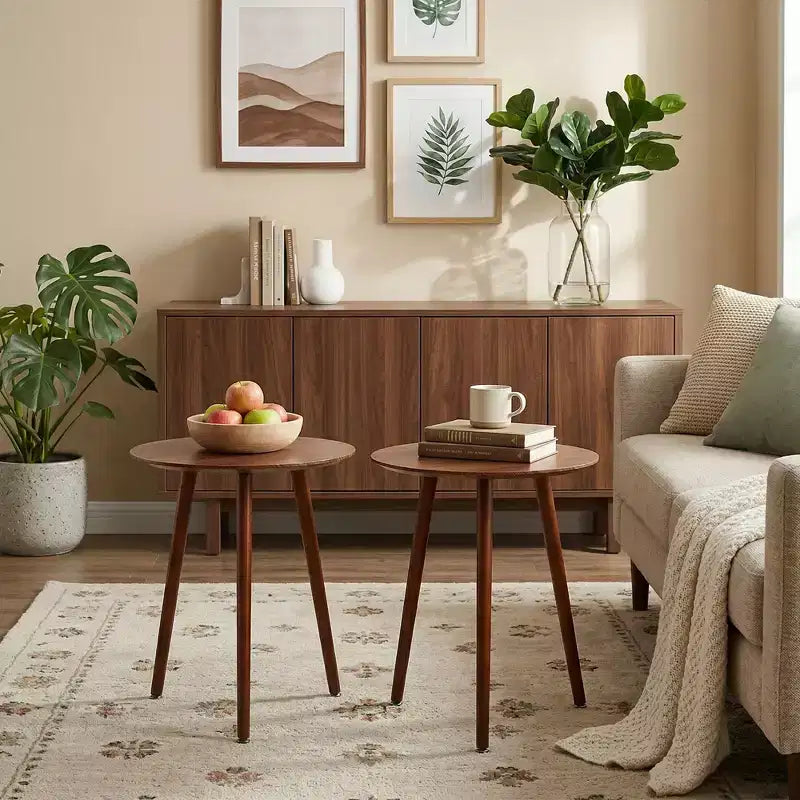 Table d'appoint ronde Mid-Century Modern, table de bout effet grain de bois avec pieds fuselés pour salon, marron