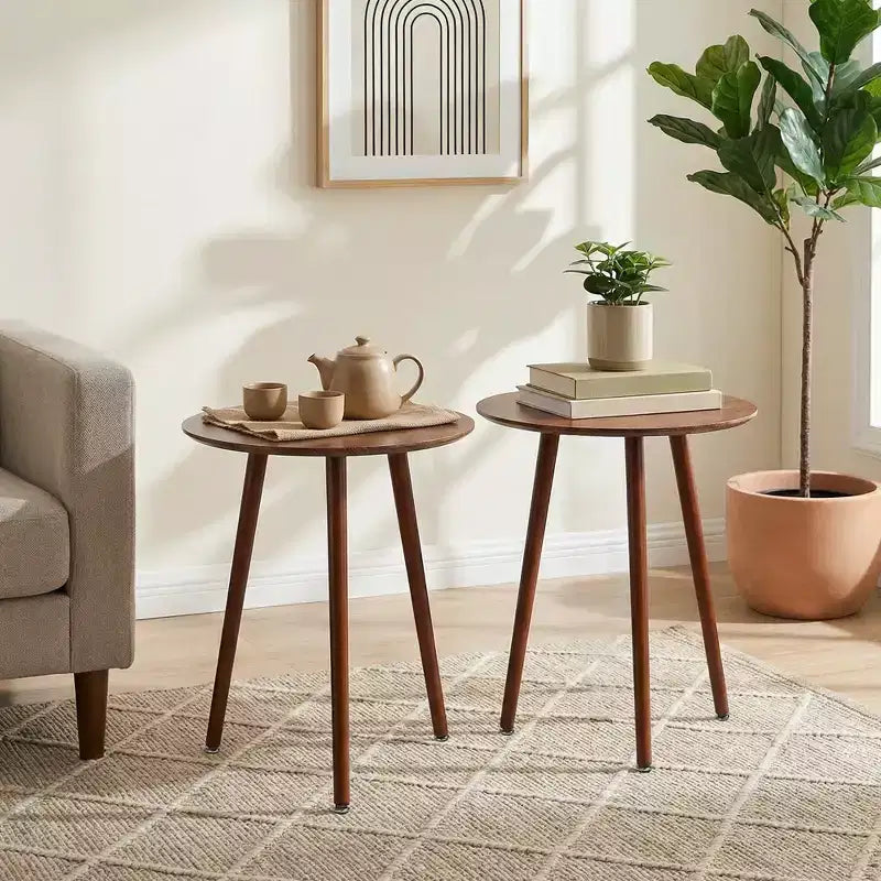 Table d'appoint ronde Mid-Century Modern, table de bout effet grain de bois avec pieds fuselés pour salon, marron