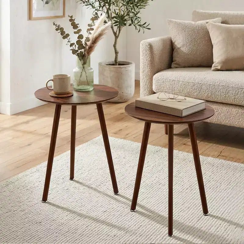 Table d'appoint ronde Mid-Century Modern, table de bout effet grain de bois avec pieds fuselés pour salon, marron