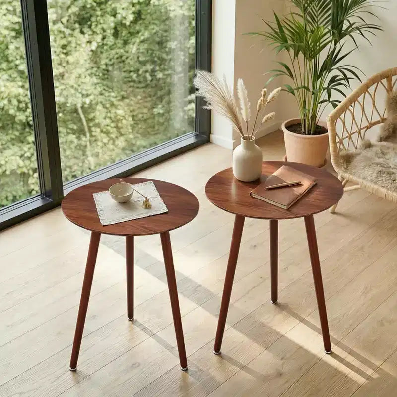 Table d'appoint ronde Mid-Century Modern, table de bout effet grain de bois avec pieds fuselés pour salon, marron