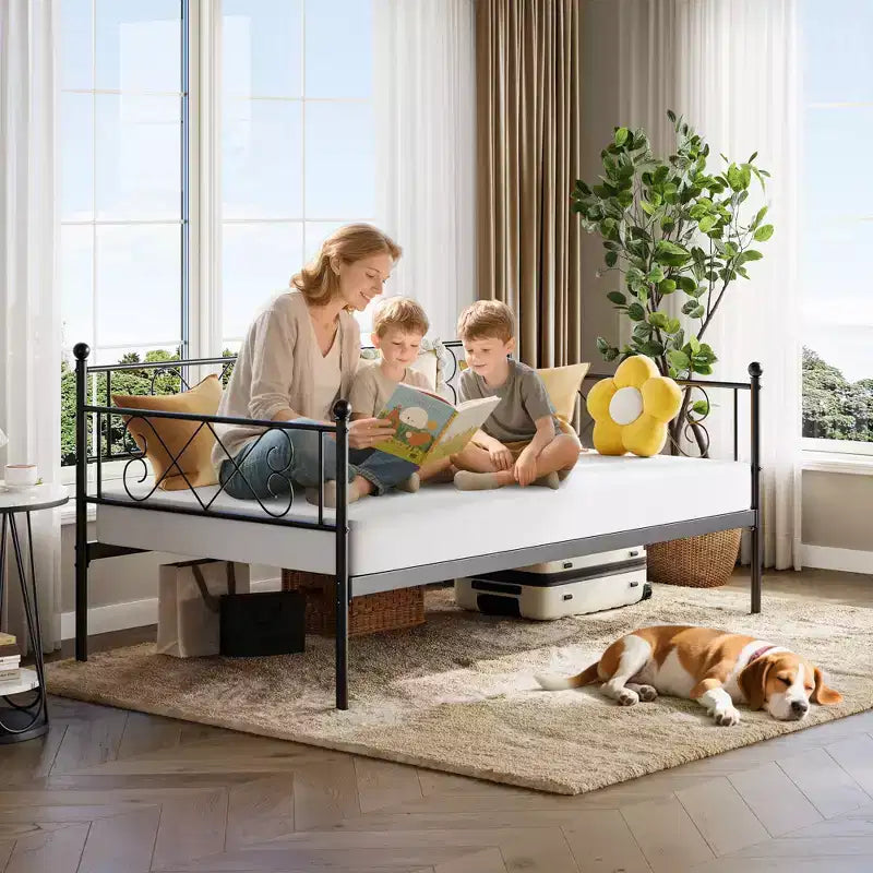 Twin Daybed with Heart-Shaped Headboard, Sturdy Metal Day Bed Frame with Steel Slat Support, Headboard Sofa Bed for Living Room, Bedroom