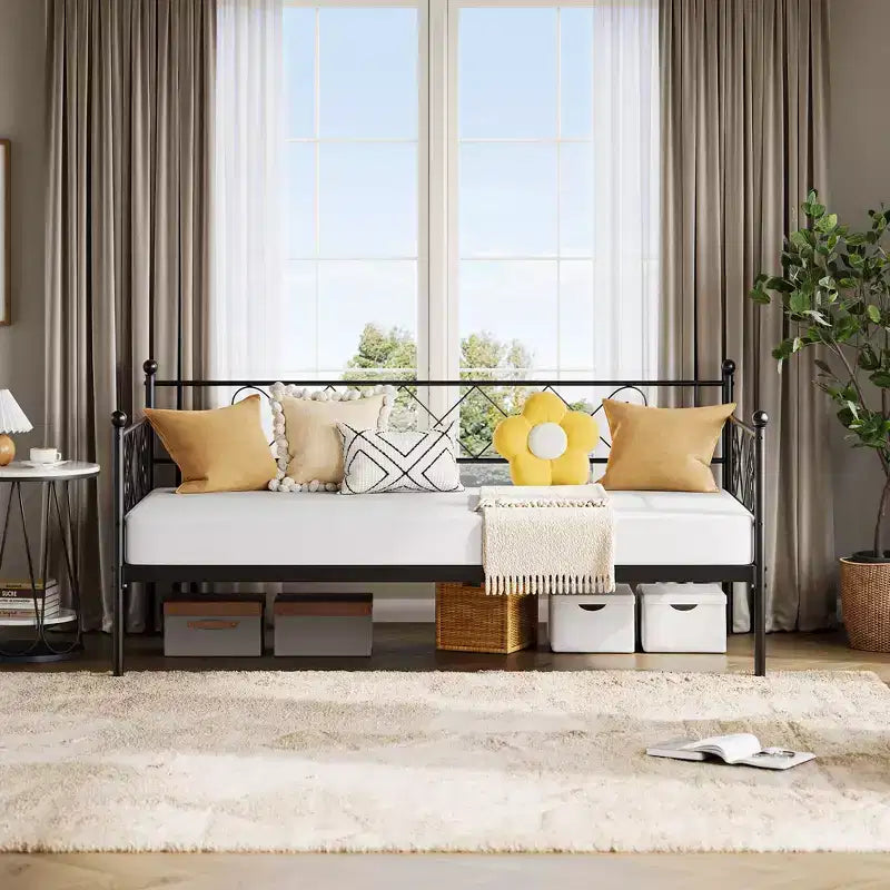 Lit de repos simple avec tête de lit en forme de cœur, cadre de lit de repos robuste en métal avec support à lattes en acier, lit de jour/canapé avec tête de lit pour salon, chambre à coucher