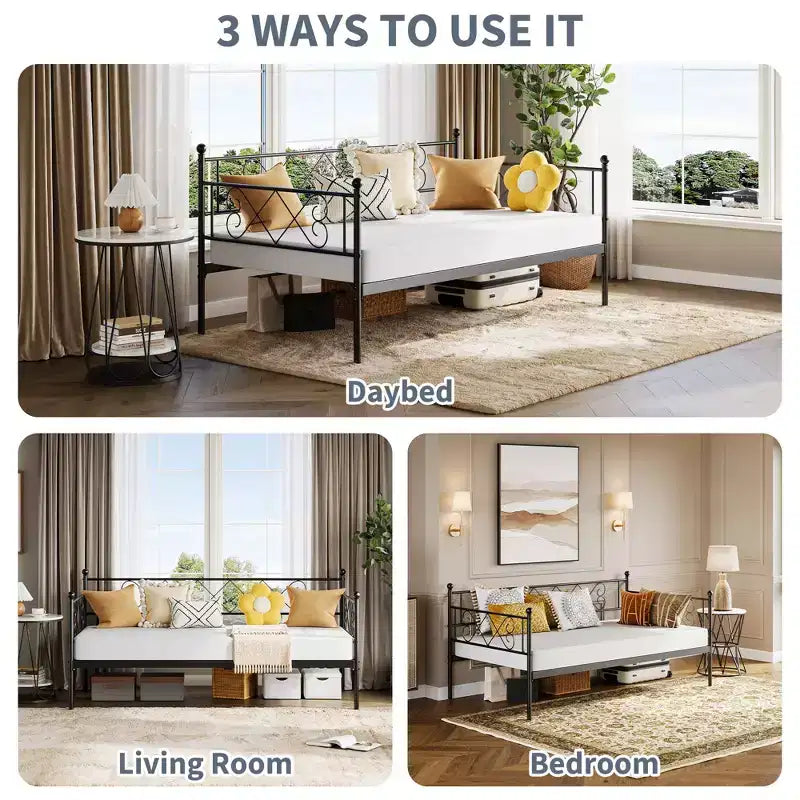 Lit de repos simple avec tête de lit en forme de cœur, cadre de lit de repos robuste en métal avec support à lattes en acier, lit de jour/canapé avec tête de lit pour salon, chambre à coucher