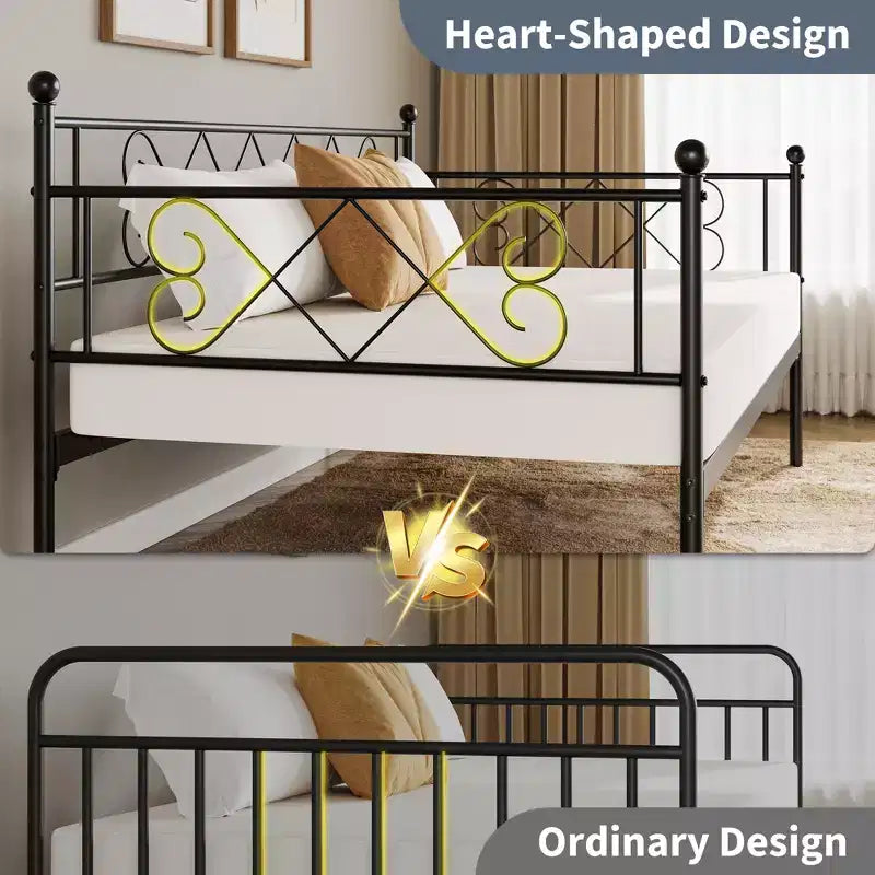 Lit de repos simple avec tête de lit en forme de cœur, cadre de lit de repos robuste en métal avec support à lattes en acier, lit de jour/canapé avec tête de lit pour salon, chambre à coucher