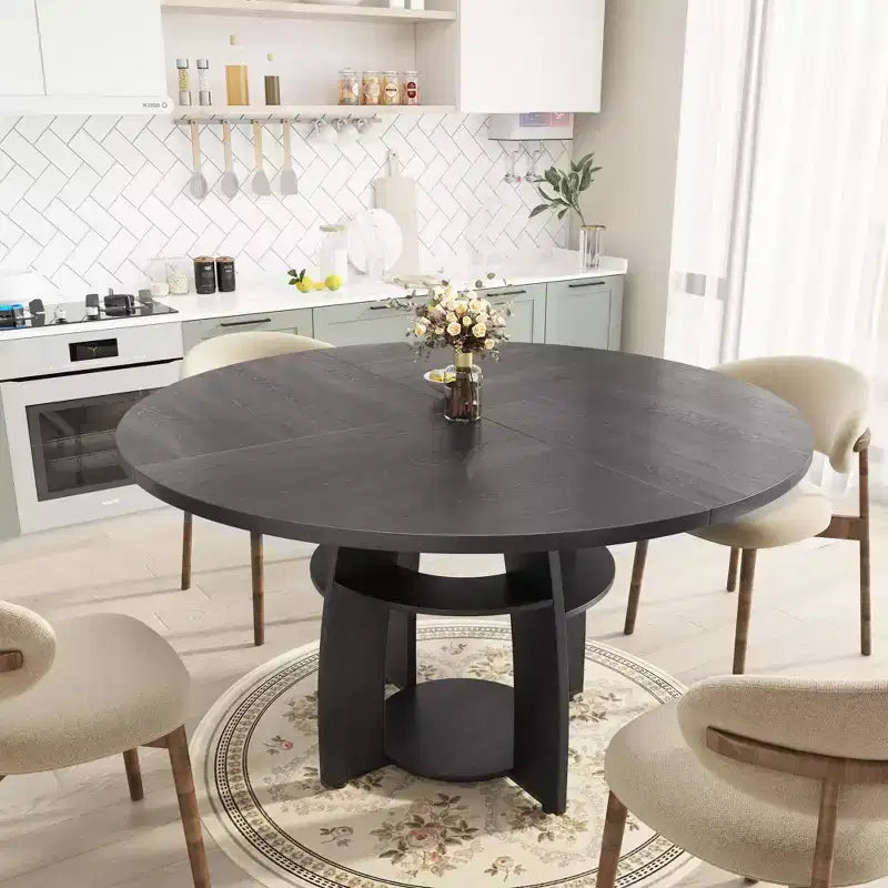 Space-Saving 47 Round Dining Table for 4-6, Storage Shelf, Adjustable Feet, Easy to Clean Surface