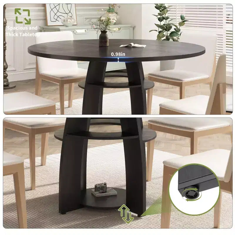 Table de salle à manger ronde de 119 cm pour 4 à 6 personnes, avec étagère de rangement, pieds réglables, surface facile à nettoyer
