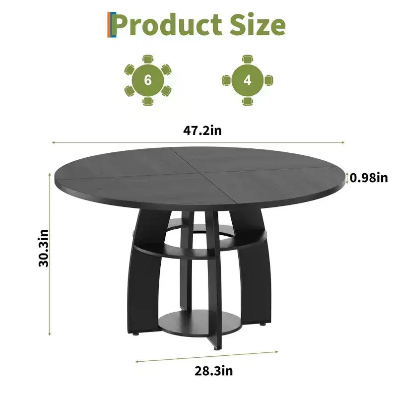 Space-Saving 47 Round Dining Table for 4-6, Storage Shelf, Adjustable Feet, Easy to Clean Surface