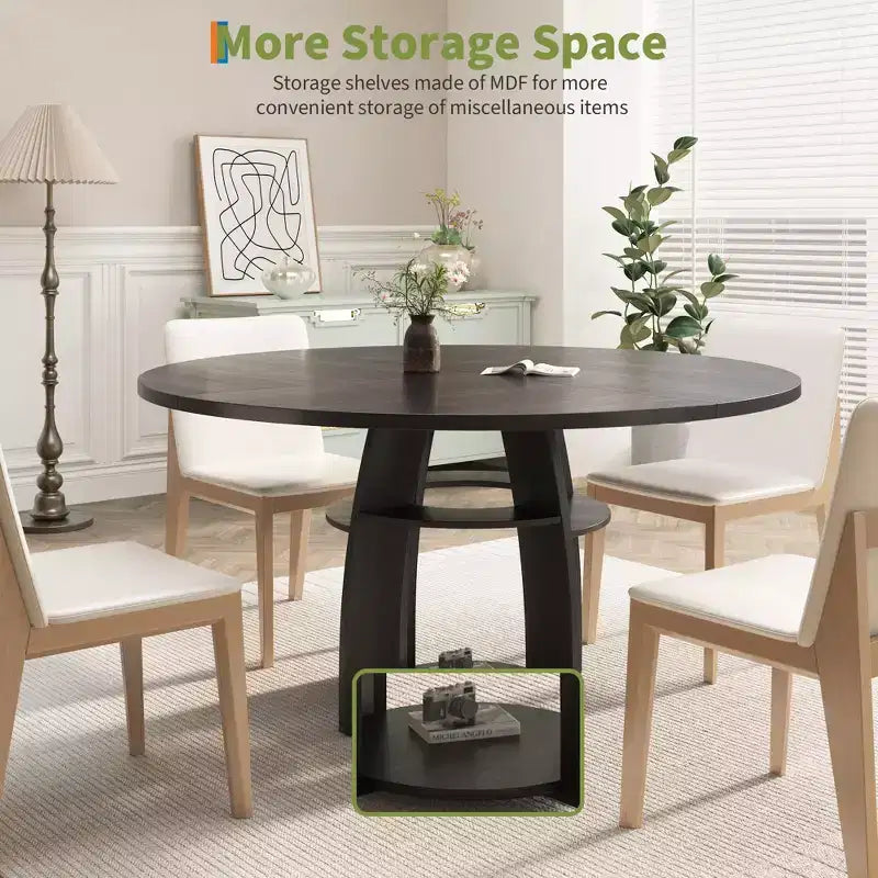 Space-Saving 47 Round Dining Table for 4-6, Storage Shelf, Adjustable Feet, Easy to Clean Surface