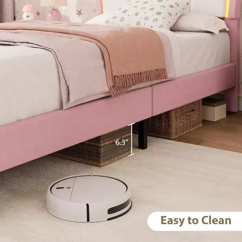 Cadre de lit double avec tiroir et lumières LED, lit plateforme en velours avec tête de lit en forme de pétale, robuste pour les enfants filles, aucun sommier tapissier requis