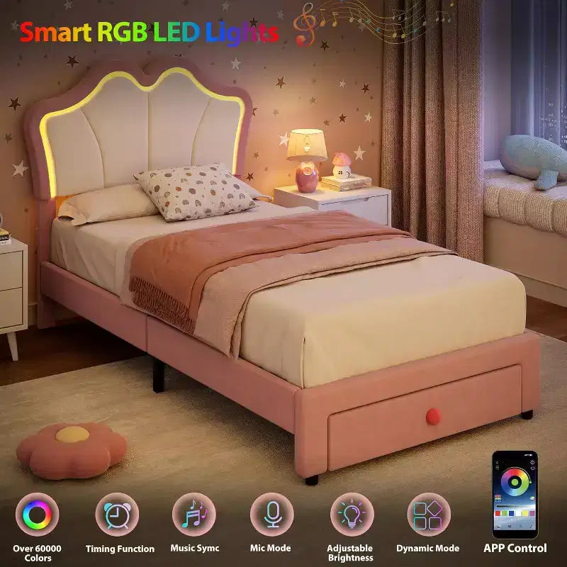 Cadre de lit double avec tiroir et lumières LED, lit plateforme en velours avec tête de lit en forme de pétale, robuste pour les enfants filles, aucun sommier tapissier requis