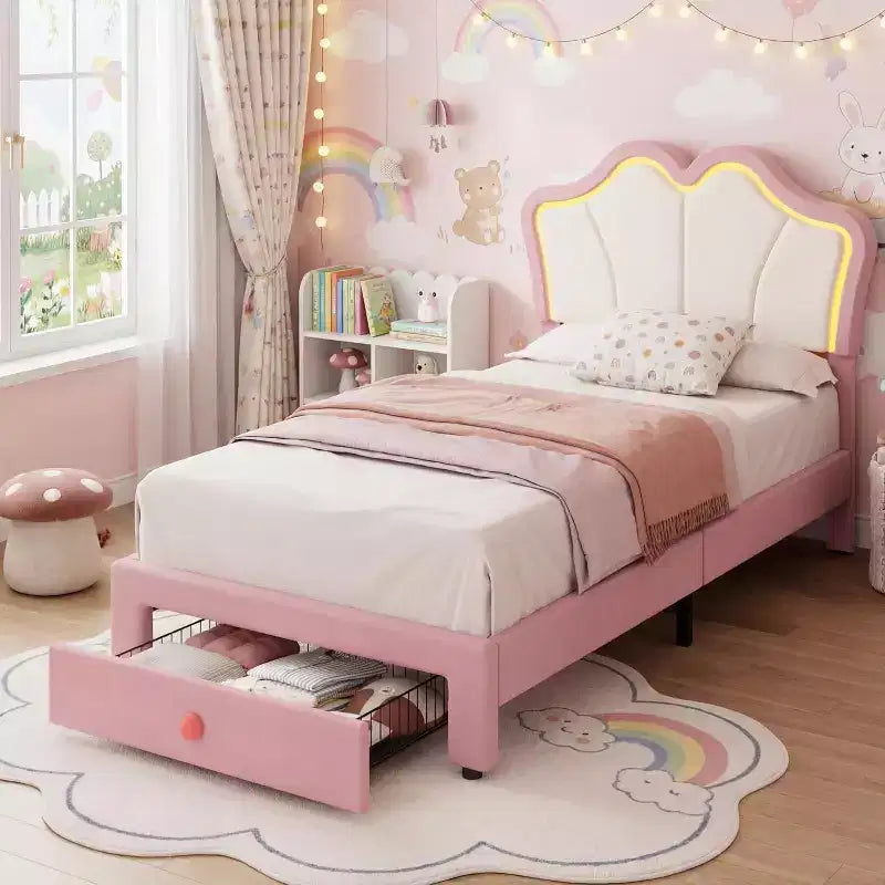 Cadre de lit double avec tiroir et lumières LED, lit plateforme en velours avec tête de lit en forme de pétale, robuste pour les enfants filles, aucun sommier tapissier requis