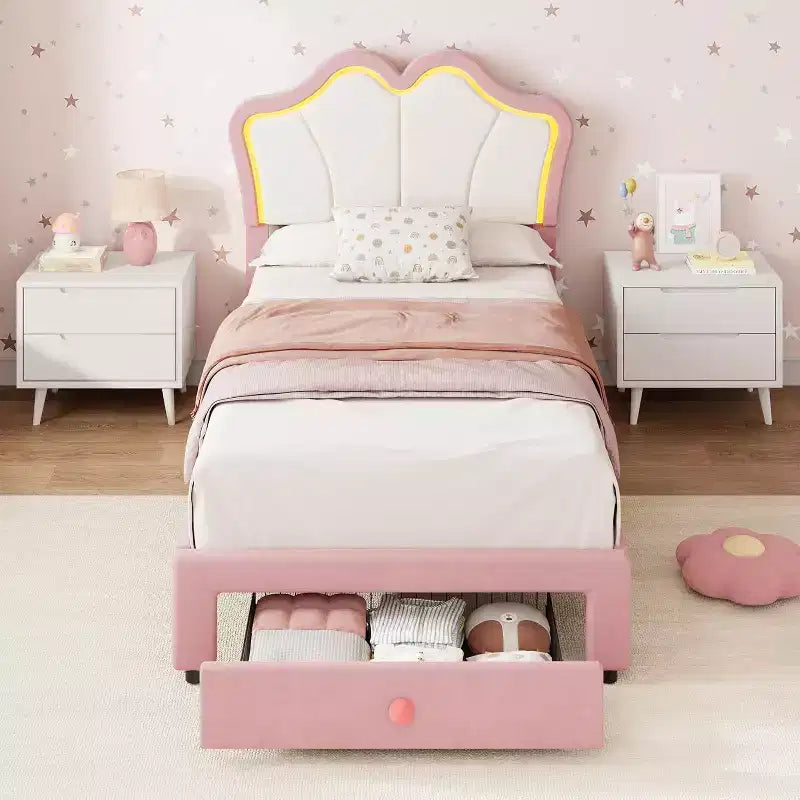 Cadre de lit double avec tiroir et lumières LED, lit plateforme en velours avec tête de lit en forme de pétale, robuste pour les enfants filles, aucun sommier tapissier requis