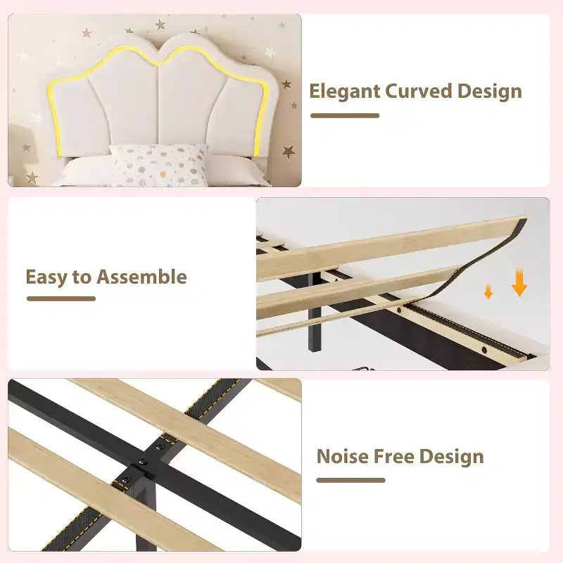 Cadre de lit double avec tiroir et lumières LED, lit plateforme en velours avec tête de lit en forme de pétale, robuste pour les enfants filles, aucun sommier tapissier requis