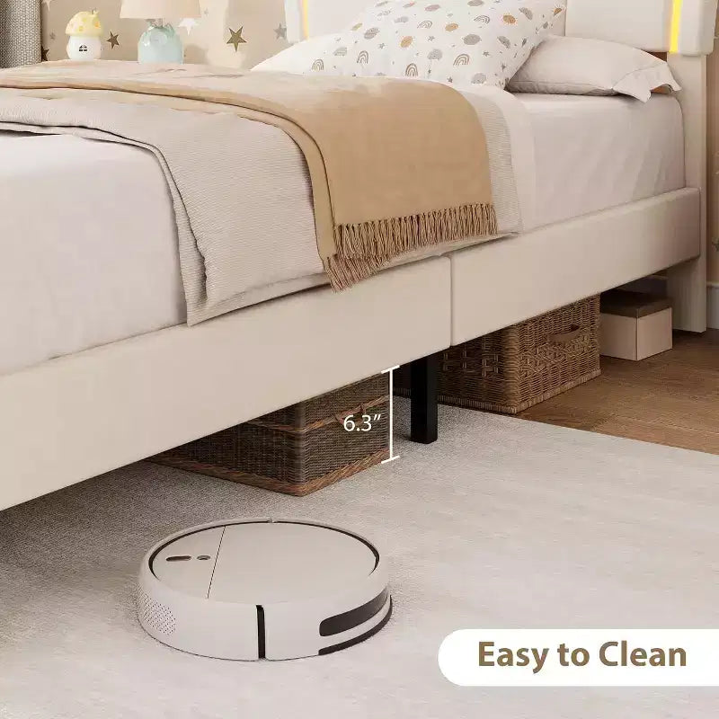 Cadre de lit double avec tiroir et lumières LED, lit plateforme en velours avec tête de lit en forme de pétale, robuste pour les enfants filles, aucun sommier tapissier requis