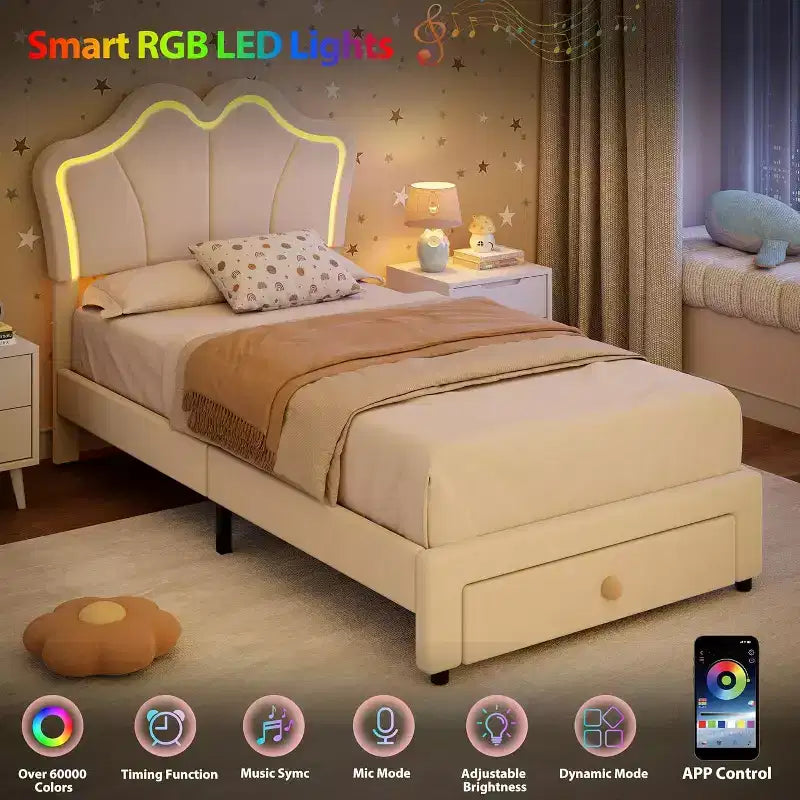 Cadre de lit double avec tiroir et lumières LED, lit plateforme en velours avec tête de lit en forme de pétale, robuste pour les enfants filles, aucun sommier tapissier requis