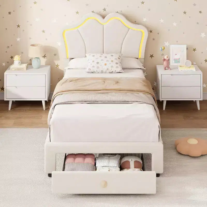 Cadre de lit double avec tiroir et lumières LED, lit plateforme en velours avec tête de lit en forme de pétale, robuste pour les enfants filles, aucun sommier tapissier requis