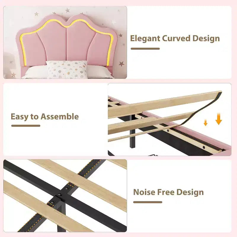 Twin Bed Frame with Drawer and LED Lights, Velvet Upholstered Platform Bed with Petal-Shaped Headboard, Sturdy for Kids Girls, No Box Spring Needed