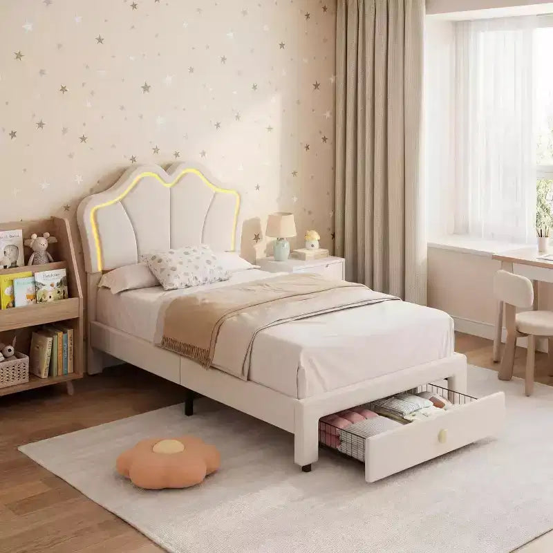Cadre de lit double avec tiroir et lumières LED, lit plateforme en velours avec tête de lit en forme de pétale, robuste pour les enfants filles, aucun sommier tapissier requis