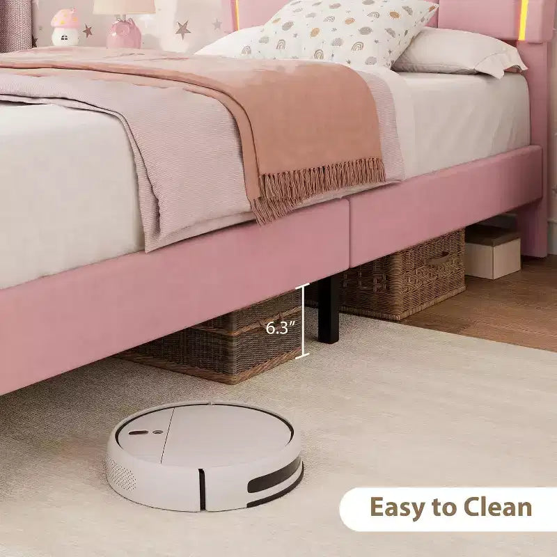 Cadre de lit double avec tiroir et lumières LED, lit plateforme en velours avec tête de lit en forme de pétale, robuste pour les enfants filles, aucun sommier tapissier requis