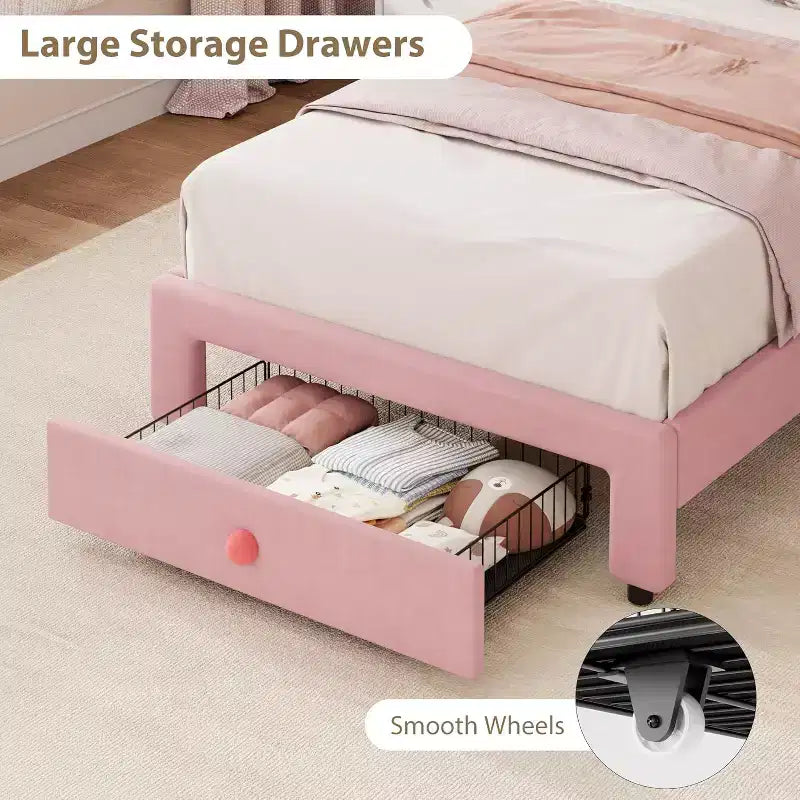 Twin Bed Frame with Drawer and LED Lights, Velvet Upholstered Platform Bed with Petal-Shaped Headboard, Sturdy for Kids Girls, No Box Spring Needed