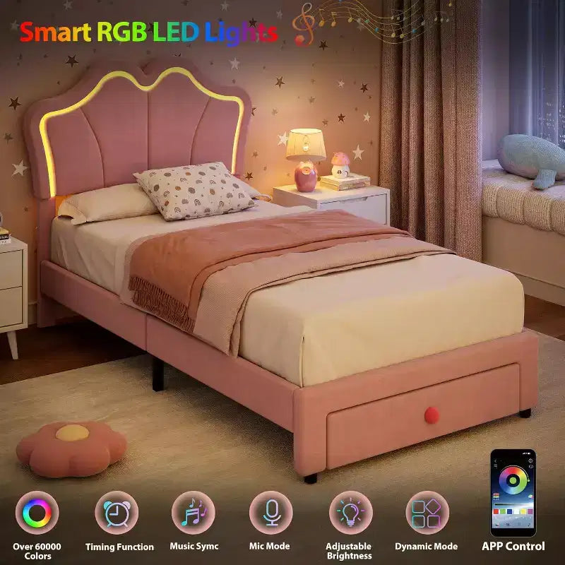 Cadre de lit double avec tiroir et lumières LED, lit plateforme en velours avec tête de lit en forme de pétale, robuste pour les enfants filles, aucun sommier tapissier requis