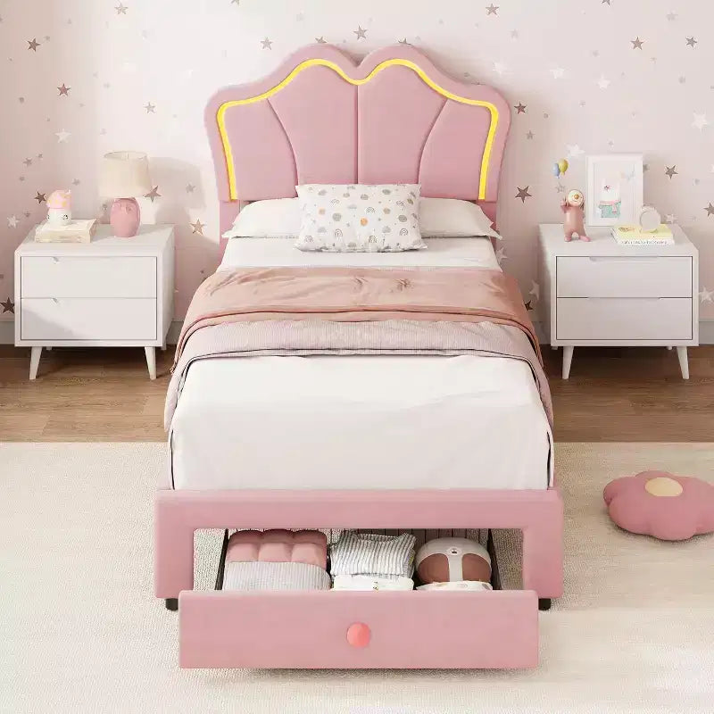 Cadre de lit double avec tiroir et lumières LED, lit plateforme en velours avec tête de lit en forme de pétale, robuste pour les enfants filles, aucun sommier tapissier requis