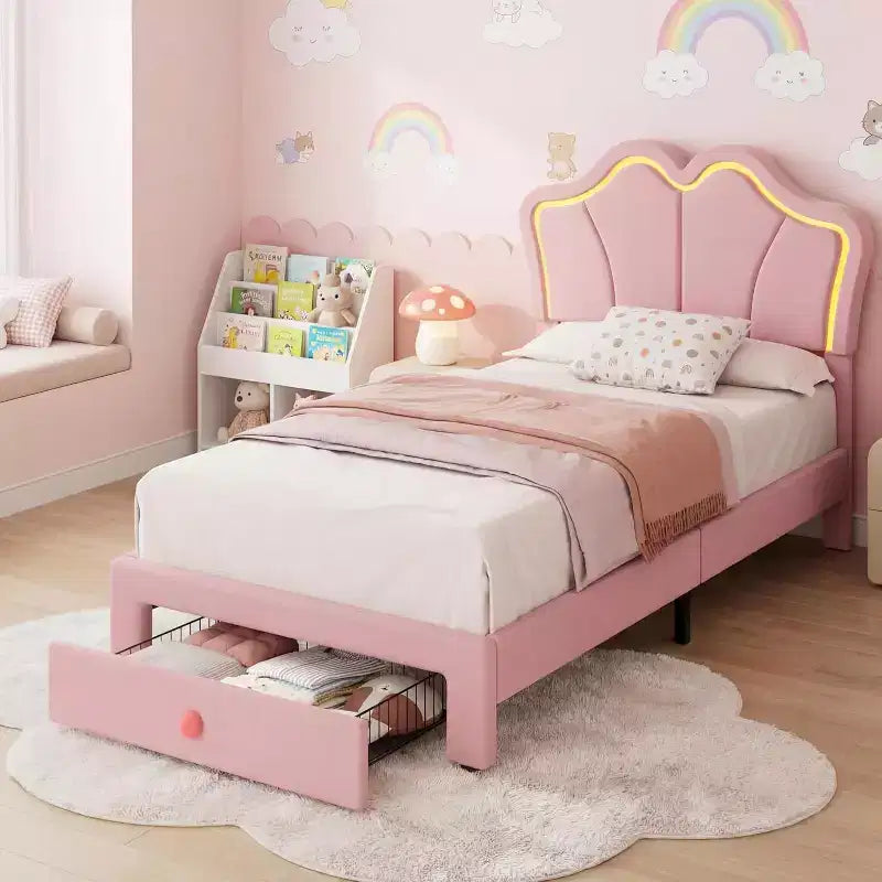 Cadre de lit double avec tiroir et lumières LED, lit plateforme en velours avec tête de lit en forme de pétale, robuste pour les enfants filles, aucun sommier tapissier requis