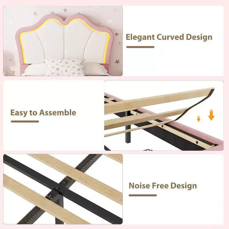 Cadre de lit double avec tiroir et lumières LED, lit plateforme en velours avec tête de lit en forme de pétale, robuste pour les enfants filles, aucun sommier tapissier requis