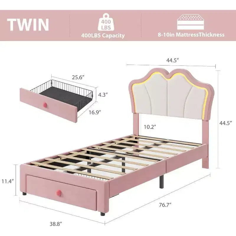 Twin Bed Frame with Drawer and LED Lights, Velvet Upholstered Platform Bed with Petal-Shaped Headboard, Sturdy for Kids Girls, No Box Spring Needed