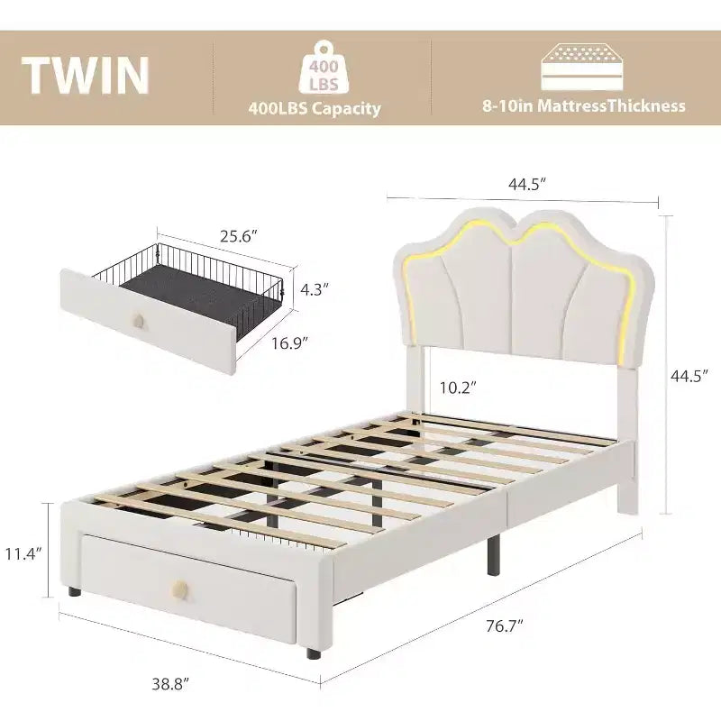 Twin Bed Frame with Drawer and LED Lights, Velvet Upholstered Platform Bed with Petal-Shaped Headboard, Sturdy for Kids Girls, No Box Spring Needed