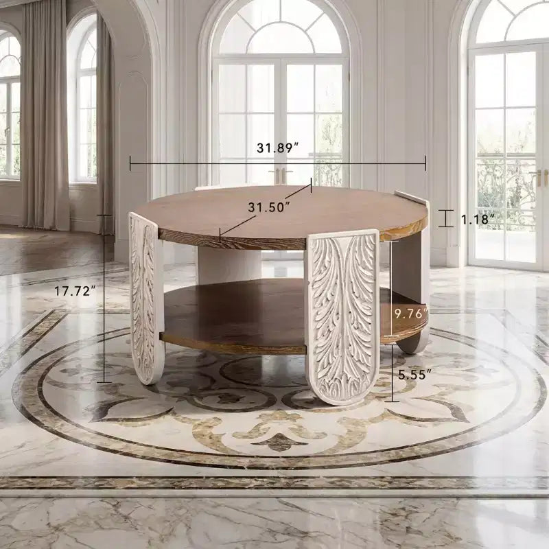 Carved Wooden Coffee Table, Retro Double-Layer Storage Side Table, Palace Style Bedside Table for Small Spaces