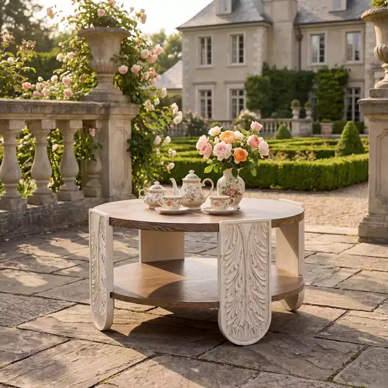 Table basse en bois sculpté, Table d'appoint de rangement double couche rétro, Table de chevet style palais pour petits espaces