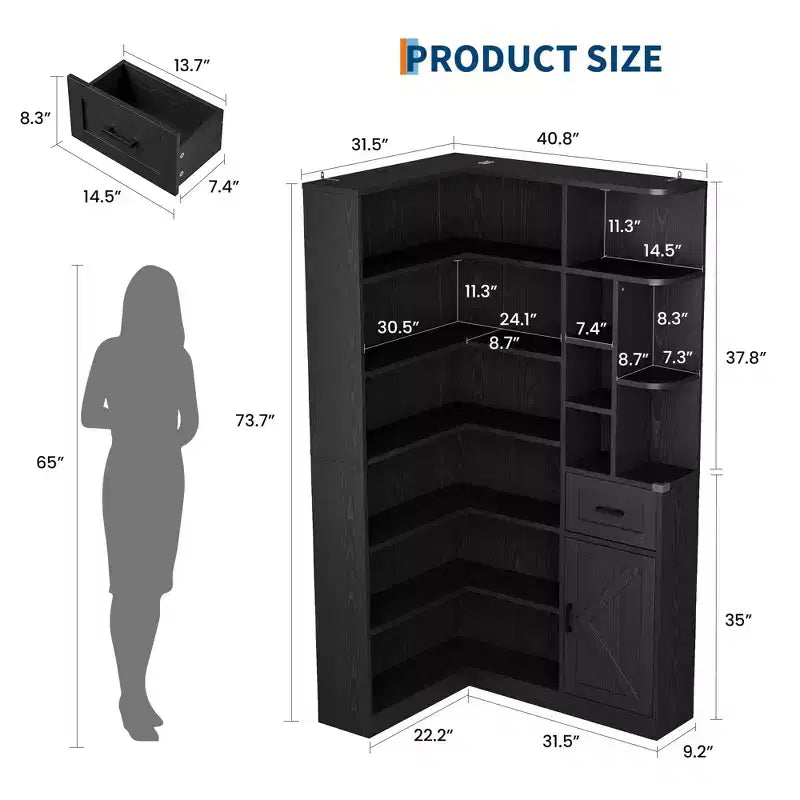 Corner Bookshelf, L Shaped Bookcase with Drawer & Cabinets, 6-Tier Storage Bookshelf with Open Shelves, for Living Room Home Office Bedroom