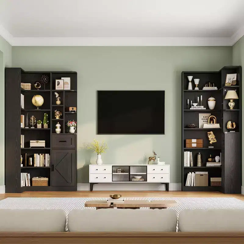 Corner Bookshelf, L Shaped Bookcase with Drawer & Cabinets, 6-Tier Storage Bookshelf with Open Shelves, for Living Room Home Office Bedroom