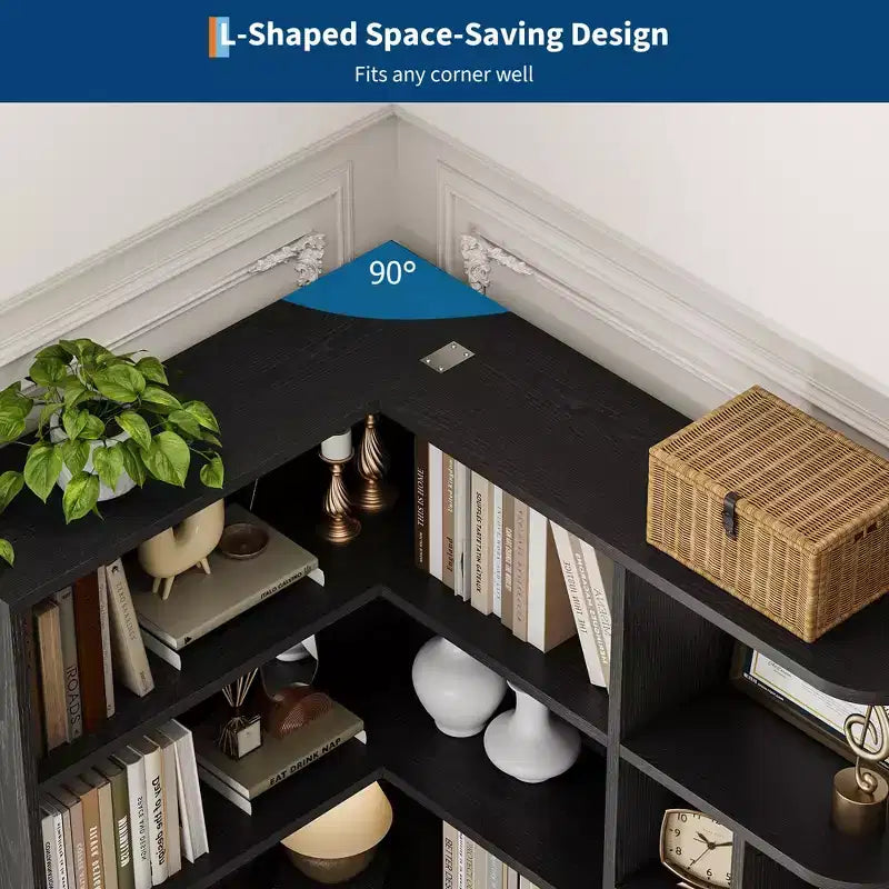 Corner Bookshelf, L Shaped Bookcase with Drawer & Cabinets, 6-Tier Storage Bookshelf with Open Shelves, for Living Room Home Office Bedroom