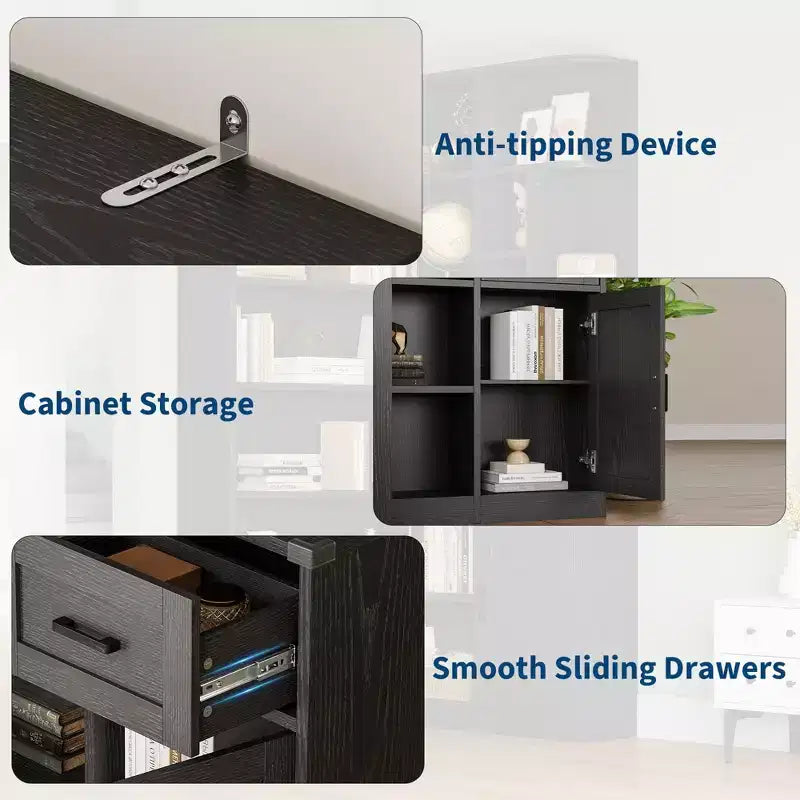 Corner Bookshelf, L Shaped Bookcase with Drawer & Cabinets, 6-Tier Storage Bookshelf with Open Shelves, for Living Room Home Office Bedroom
