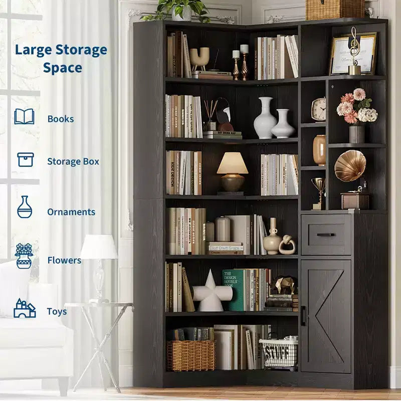 Corner Bookshelf, L Shaped Bookcase with Drawer & Cabinets, 6-Tier Storage Bookshelf with Open Shelves, for Living Room Home Office Bedroom