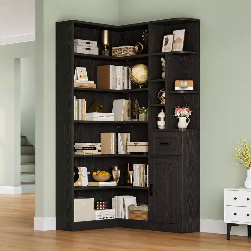 Corner Bookshelf, L Shaped Bookcase with Drawer & Cabinets, 6-Tier Storage Bookshelf with Open Shelves, for Living Room Home Office Bedroom