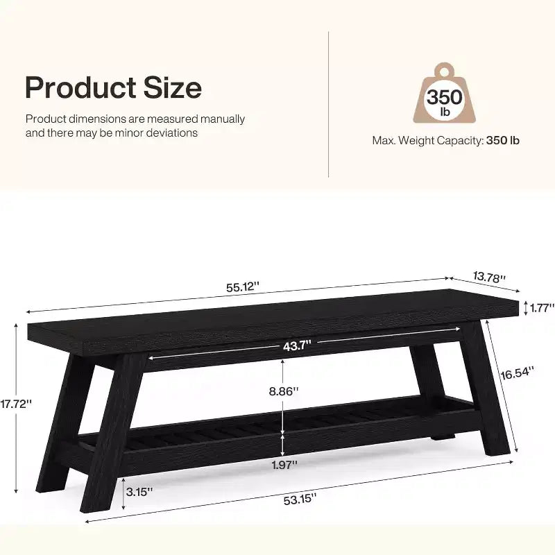55 Narrow Entryway Bench with Shoe Storage, Farmhouse Wooden Hall Tree Bench with 2-Tier Open Shelf for Small Space, Mudroom, Foyer, Black