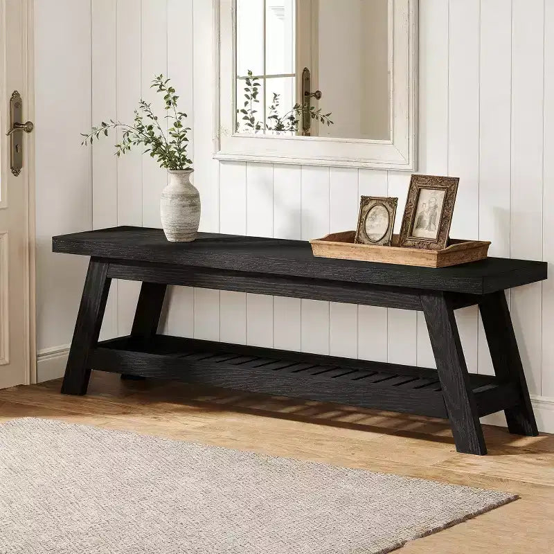 55 Narrow Entryway Bench with Shoe Storage, Farmhouse Wooden Hall Tree Bench with 2-Tier Open Shelf for Small Space, Mudroom, Foyer, Black
