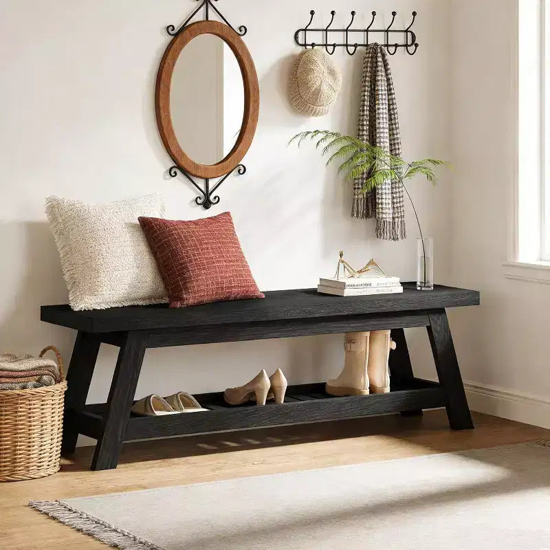 55 Narrow Entryway Bench with Shoe Storage, Farmhouse Wooden Hall Tree Bench with 2-Tier Open Shelf for Small Space, Mudroom, Foyer, Black