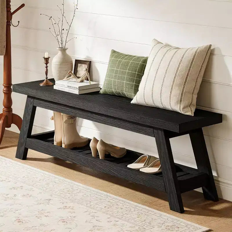 55 Narrow Entryway Bench with Shoe Storage, Farmhouse Wooden Hall Tree Bench with 2-Tier Open Shelf for Small Space, Mudroom, Foyer, Black
