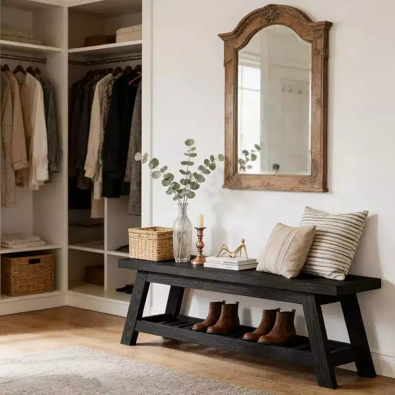 Banc d'entrée étroit de 55" avec rangement à chaussures, banc porte-manteau en bois de style ferme avec étagère ouverte à 2 niveaux pour petits espaces, vestiaire, hall d'entrée, noir