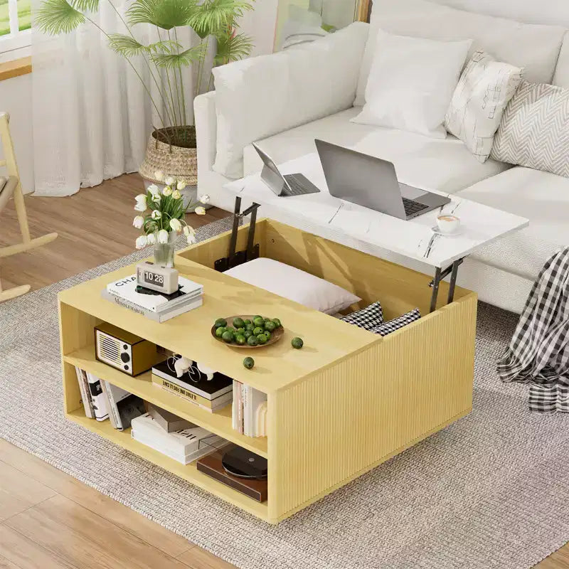 Modern Square Wood Coffee Table with Lift Top Storage for Living Room