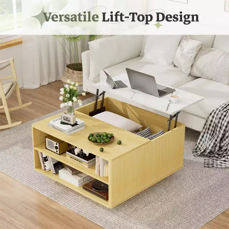 Table basse carrée moderne en bois avec plateau relevable de rangement pour salon