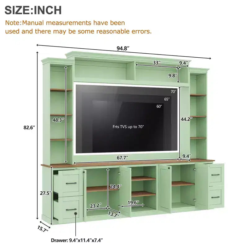 Meuble mural de divertissement 4-en-1 de style campagnard, pour téléviseurs jusqu'à 70 pouces, console multimédia avec étagères réglables et tiroirs
