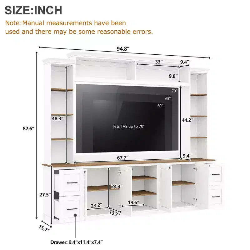 Meuble mural de divertissement 4-en-1 de style campagnard, pour téléviseurs jusqu'à 70 pouces, console multimédia avec étagères réglables et tiroirs