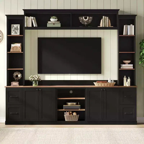 ModernLuxe 4-in-1 Farmhouse Entertainment Center Wall Unit, Fits TVs Up to 70, TV Stand Media Console w/ Adjustable Shelves & Drawers