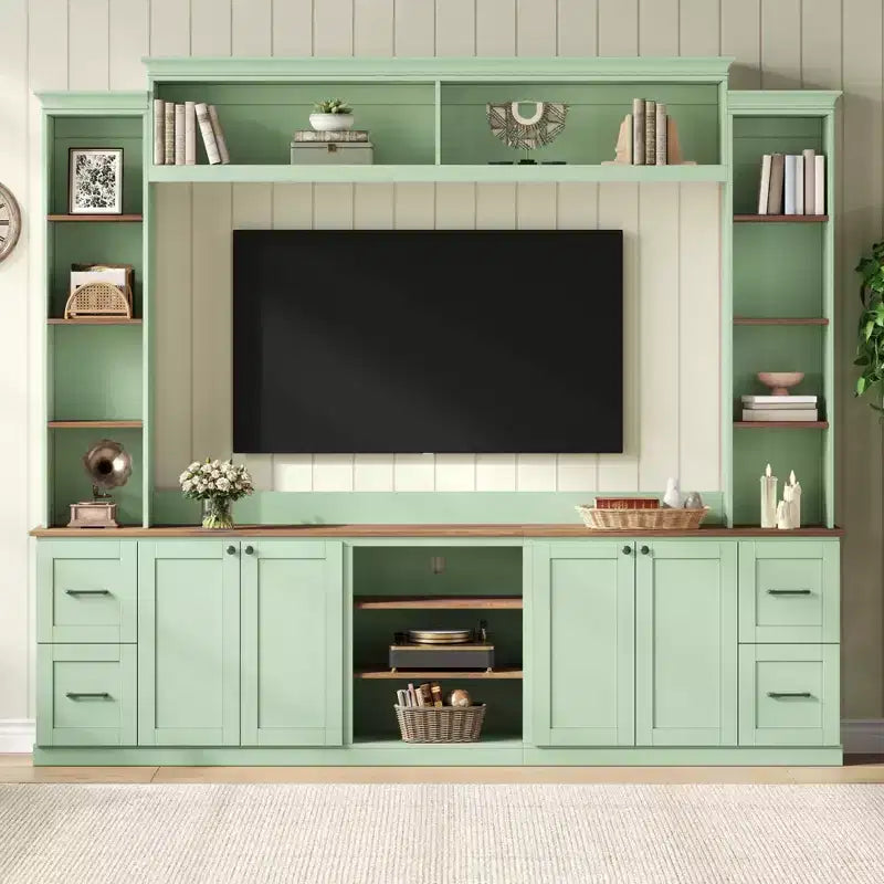 4-in-1 Farmhouse Entertainment Center Wall Unit, Fits TVs Up to 70, TV Stand Media Console w/ Adjustable Shelves & Drawers